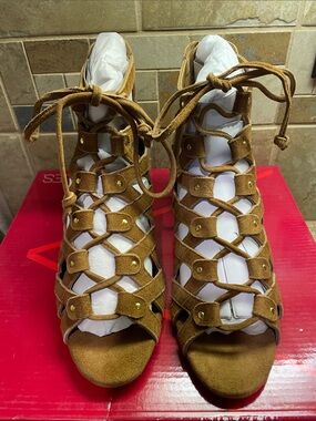AEROSOLES Brown Suede Lace-Up Gladiator Heels